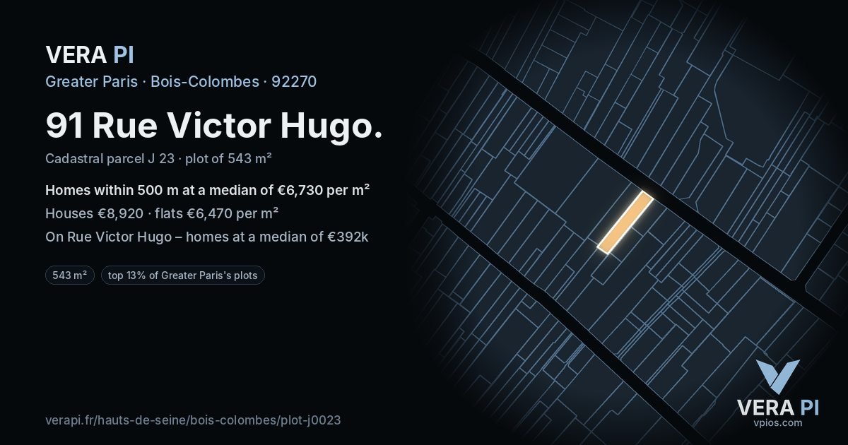 91 Rue Victor Hugo, Bois-Colombes at night – the plot lit, the parcels around coloured by the prices near them