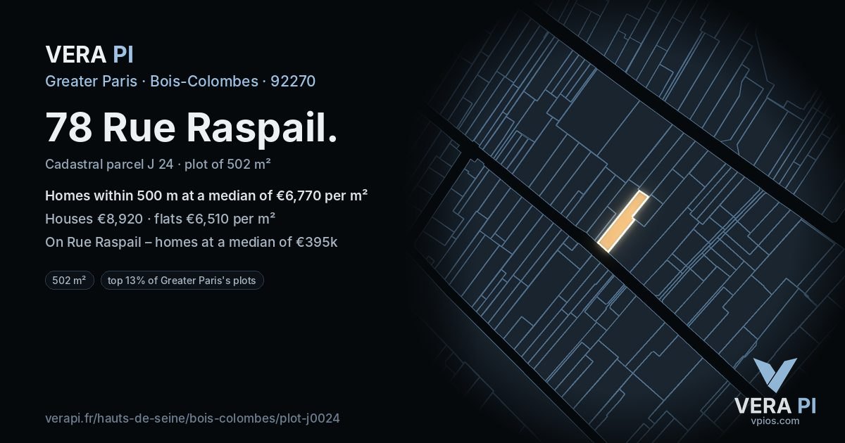 78 Rue Raspail, Bois-Colombes at night – the plot lit, the parcels around coloured by the prices near them