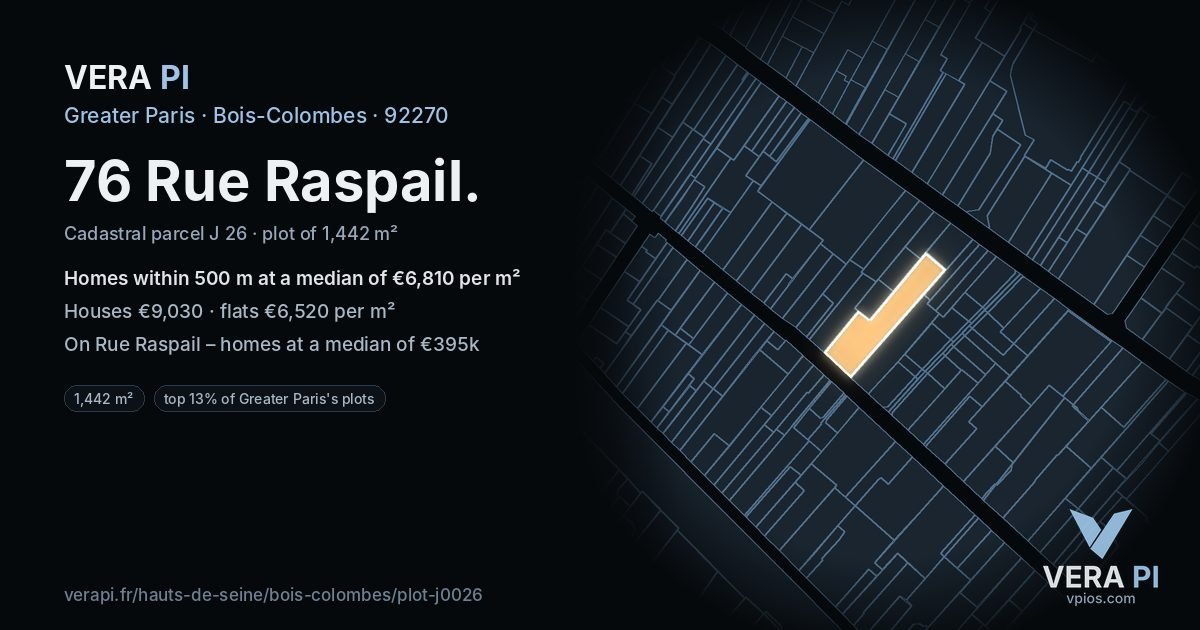 76 Rue Raspail, Bois-Colombes at night – the plot lit, the parcels around coloured by the prices near them