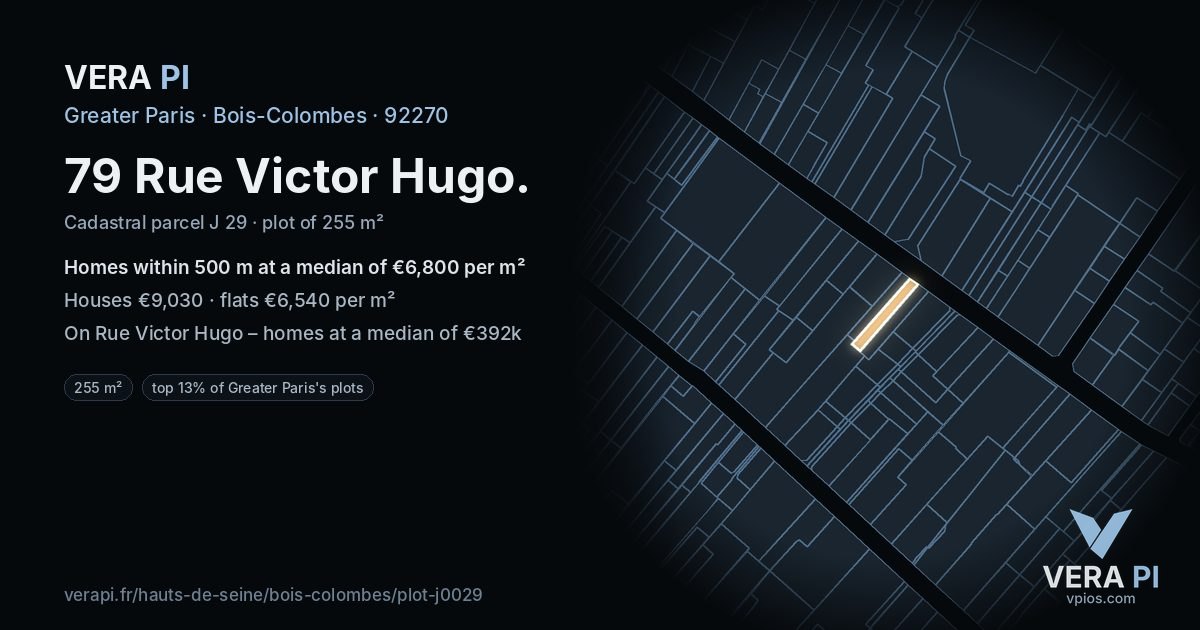 79 Rue Victor Hugo, Bois-Colombes at night – the plot lit, the parcels around coloured by the prices near them