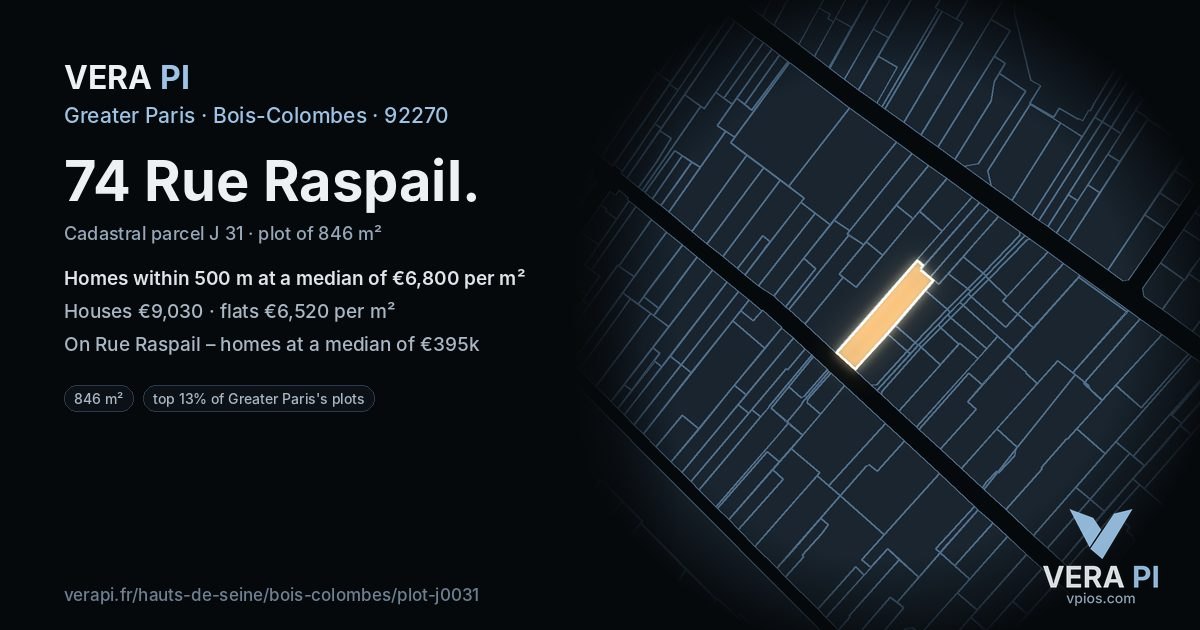 74 Rue Raspail, Bois-Colombes at night – the plot lit, the parcels around coloured by the prices near them