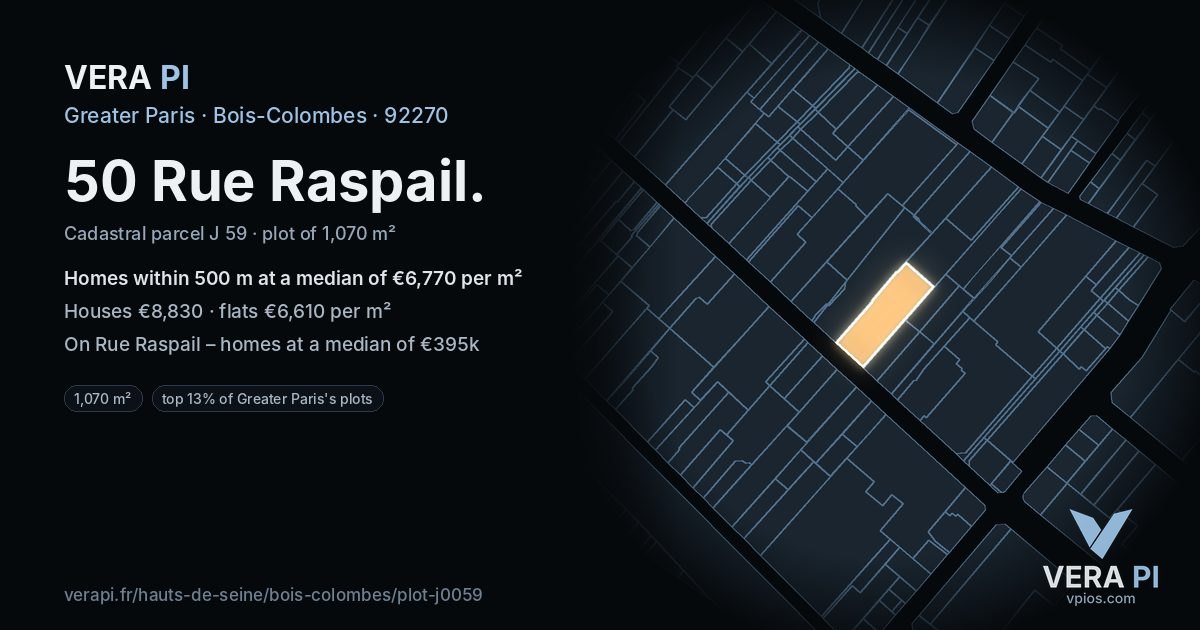 50 Rue Raspail, Bois-Colombes at night – the plot lit, the parcels around coloured by the prices near them