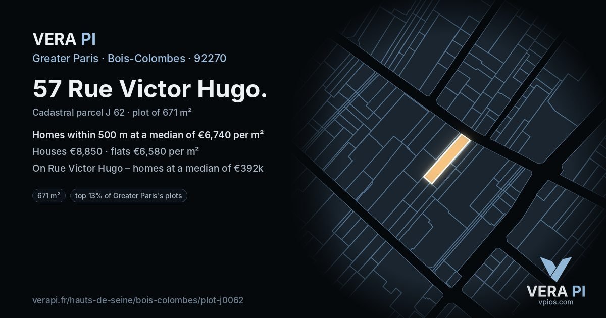 57 Rue Victor Hugo, Bois-Colombes at night – the plot lit, the parcels around coloured by the prices near them