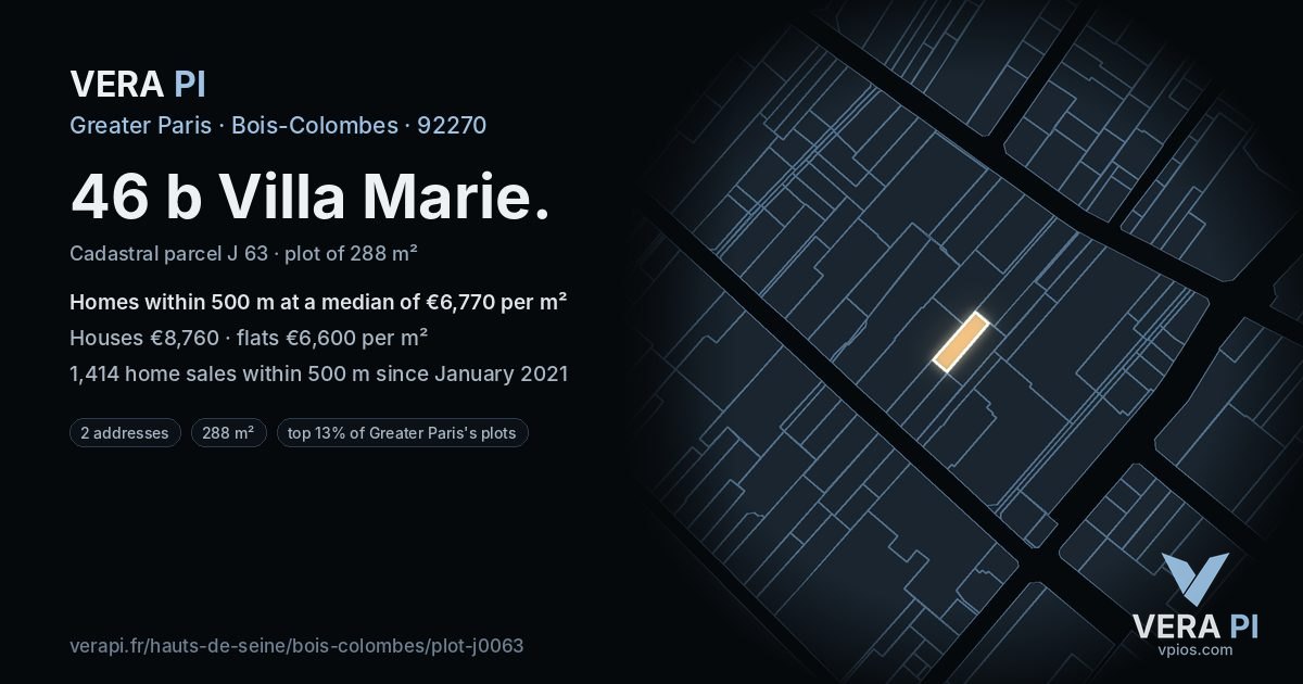 46 b Villa Marie, Bois-Colombes at night – the plot lit, the parcels around coloured by the prices near them