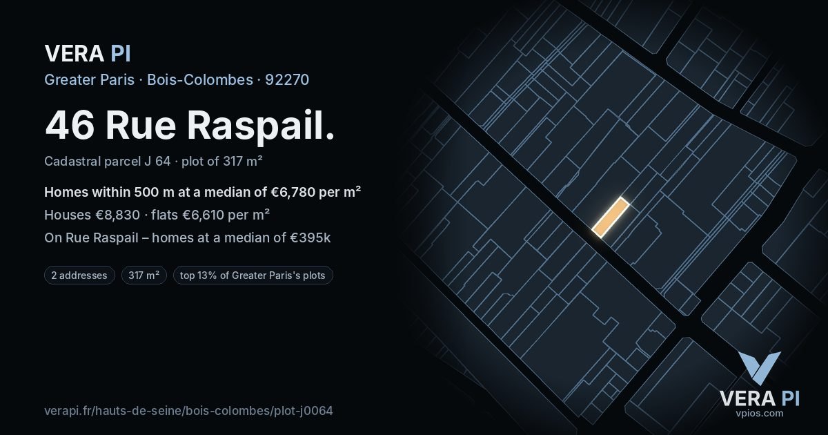 46 Rue Raspail, Bois-Colombes at night – the plot lit, the parcels around coloured by the prices near them