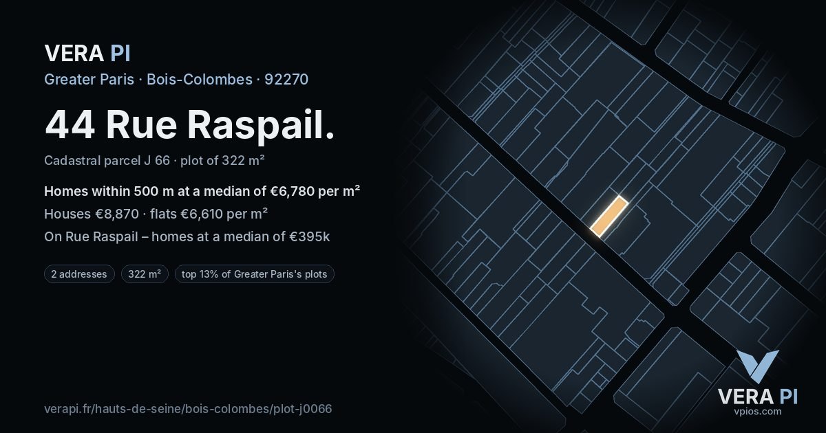 44 Rue Raspail, Bois-Colombes at night – the plot lit, the parcels around coloured by the prices near them