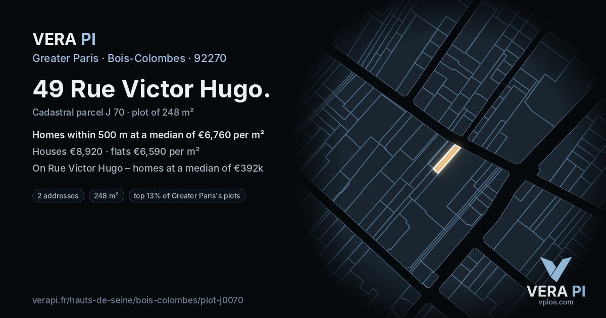 49 Rue Victor Hugo, Bois-Colombes at night – the plot lit, the parcels around coloured by the prices near them
