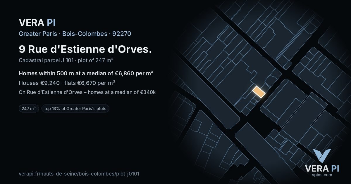 9 Rue d'Estienne d'Orves, Bois-Colombes at night – the plot lit, the parcels around coloured by the prices near them