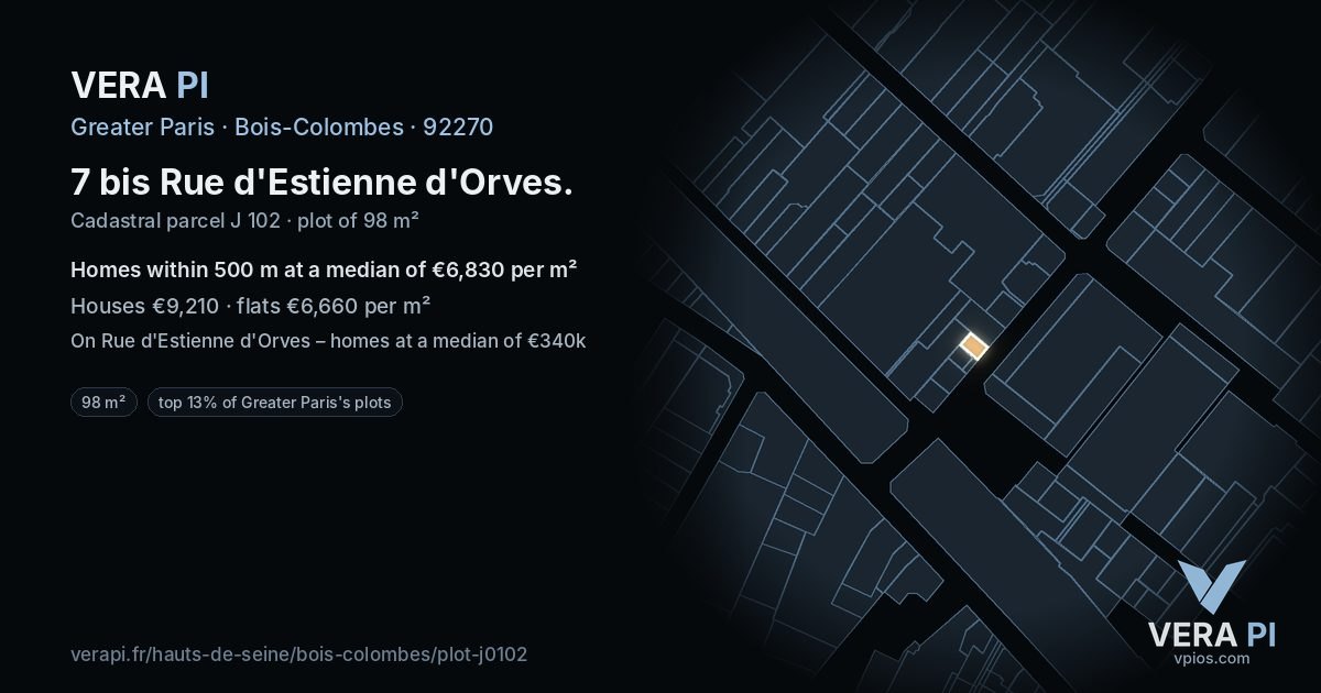 7 bis Rue d'Estienne d'Orves, Bois-Colombes at night – the plot lit, the parcels around coloured by the prices near them