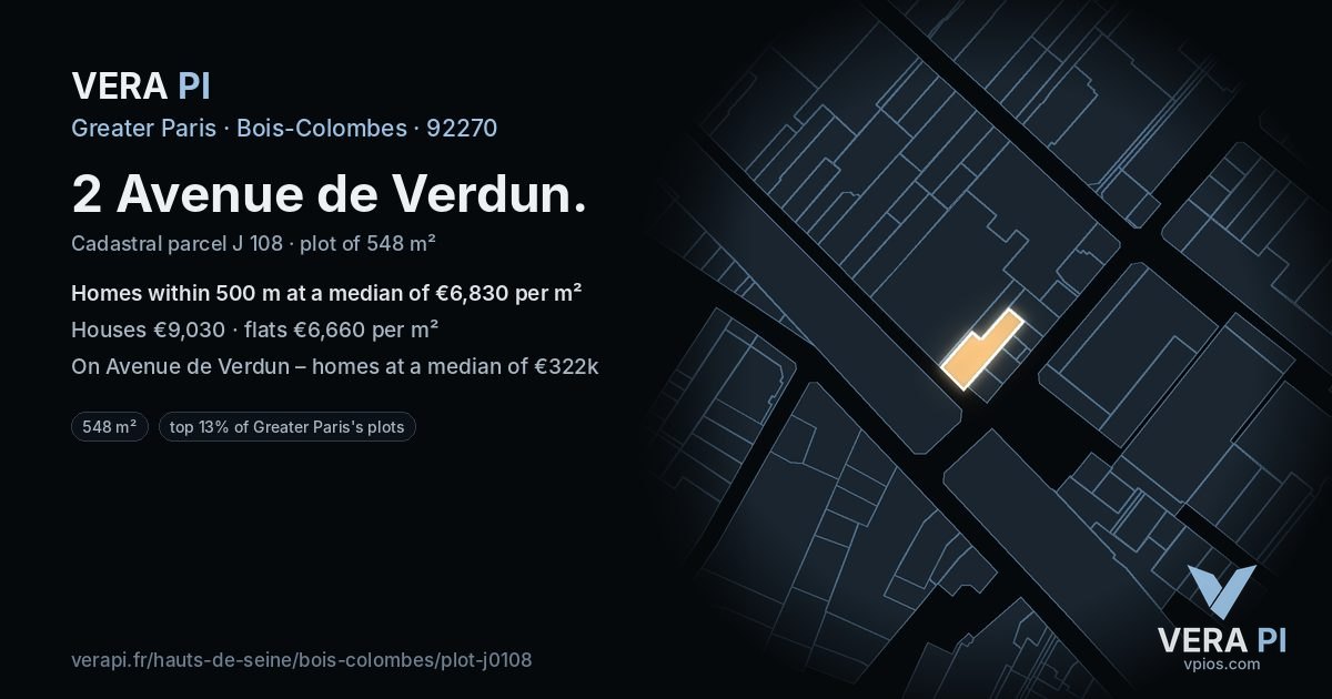 2 Avenue de Verdun, Bois-Colombes at night – the plot lit, the parcels around coloured by the prices near them