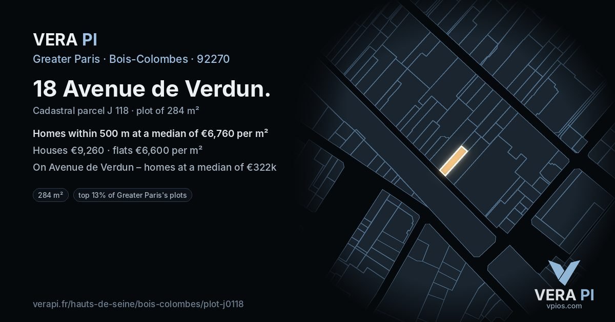 18 Avenue de Verdun, Bois-Colombes at night – the plot lit, the parcels around coloured by the prices near them