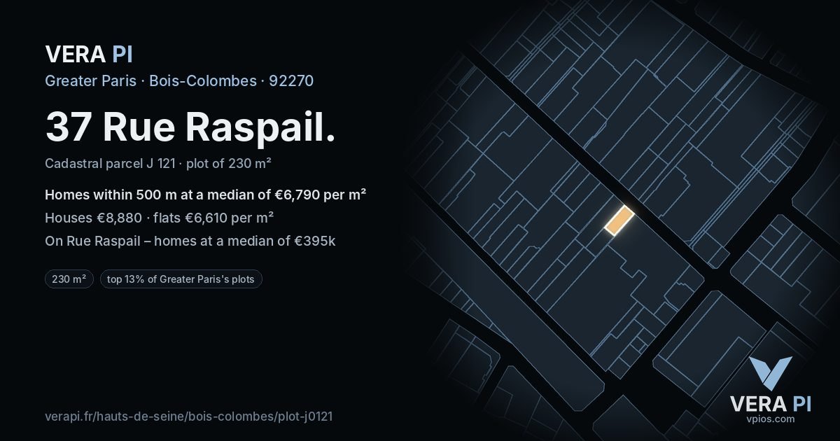 37 Rue Raspail, Bois-Colombes at night – the plot lit, the parcels around coloured by the prices near them