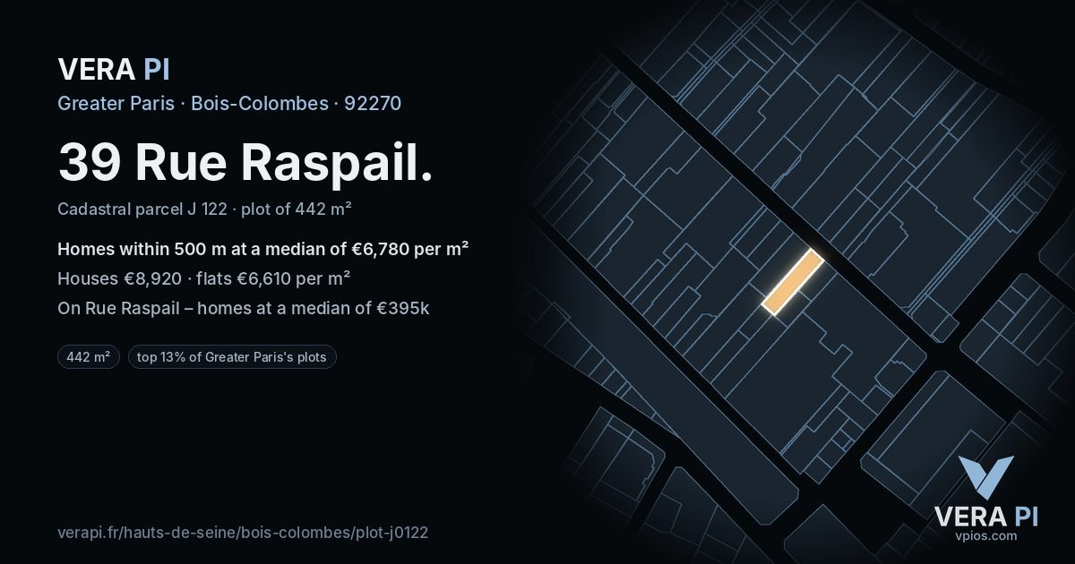 39 Rue Raspail, Bois-Colombes at night – the plot lit, the parcels around coloured by the prices near them