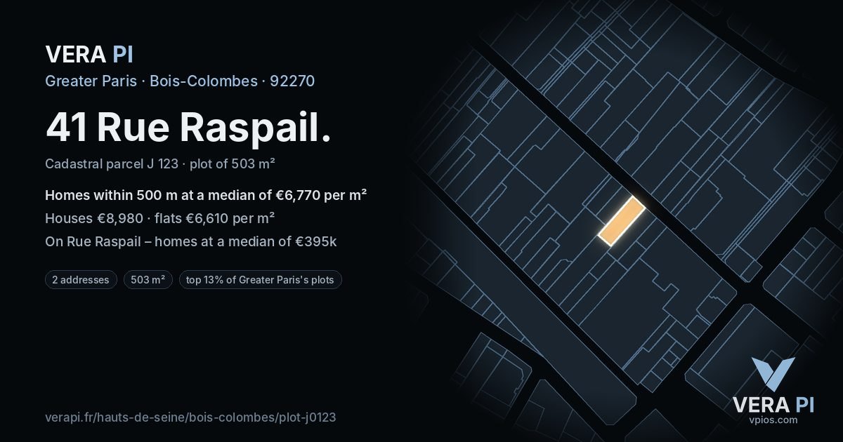 41 Rue Raspail, Bois-Colombes at night – the plot lit, the parcels around coloured by the prices near them