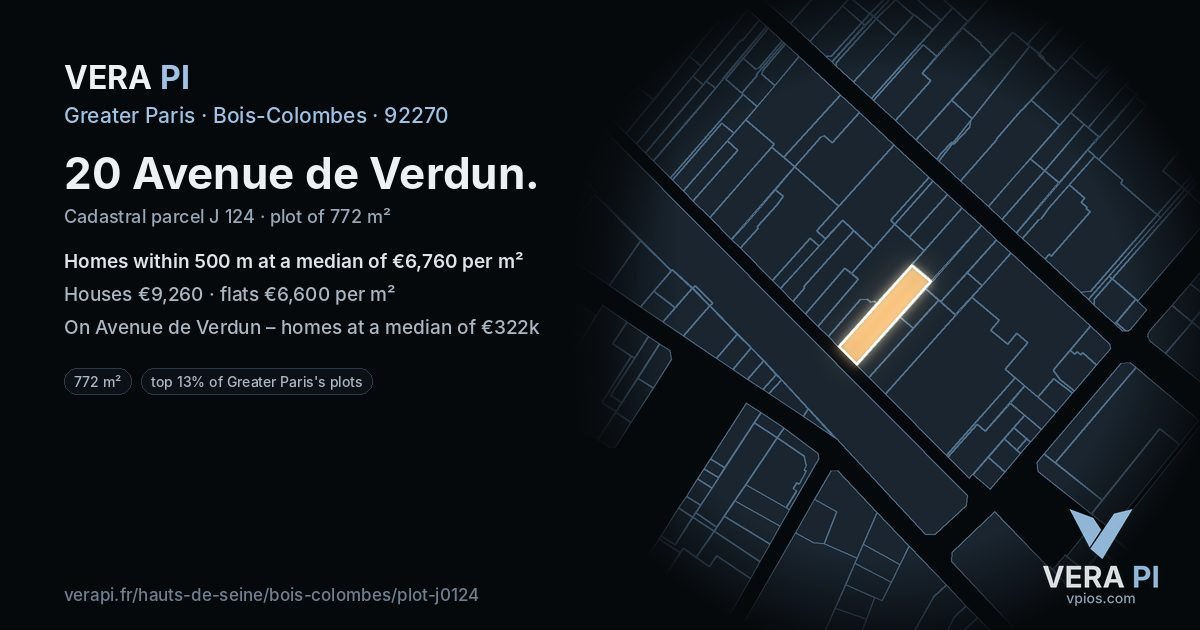 20 Avenue de Verdun, Bois-Colombes at night – the plot lit, the parcels around coloured by the prices near them