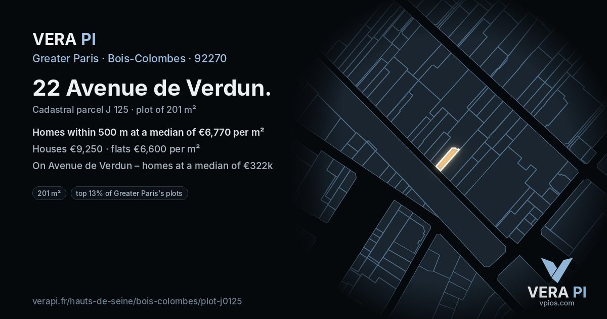22 Avenue de Verdun, Bois-Colombes at night – the plot lit, the parcels around coloured by the prices near them