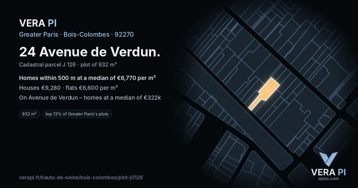 24 Avenue de Verdun, Bois-Colombes at night – the plot lit, the parcels around coloured by the prices near them