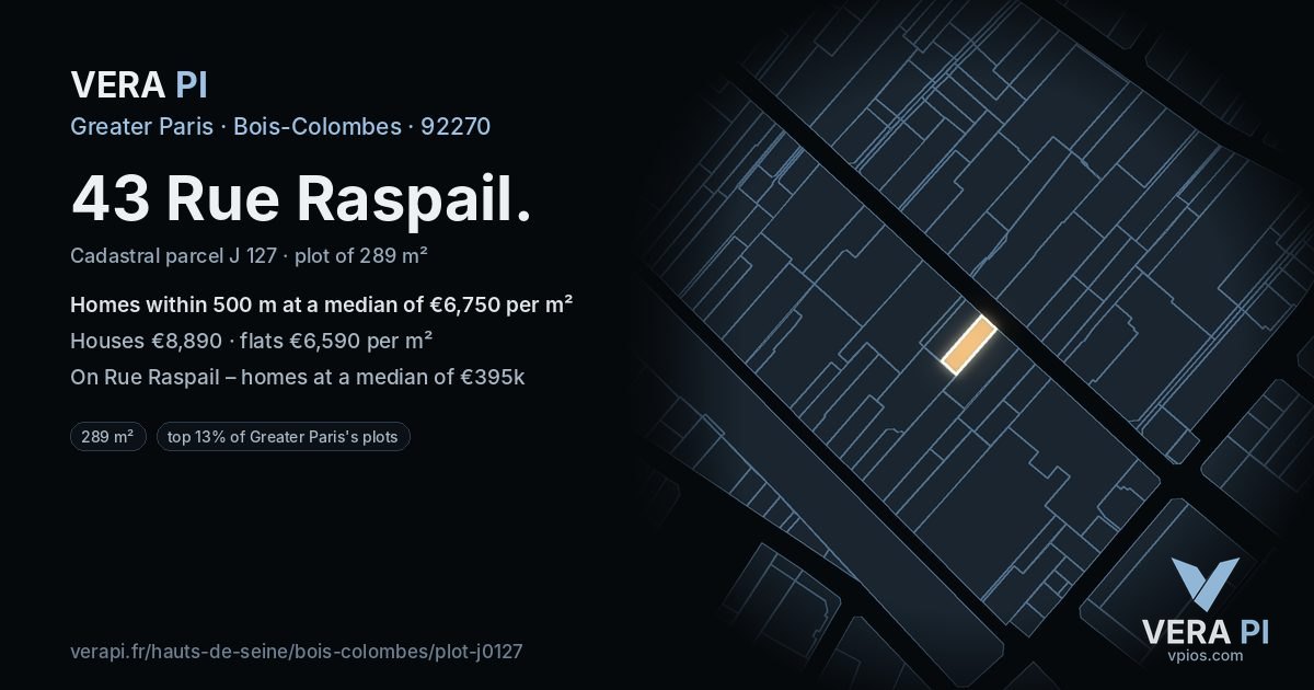 43 Rue Raspail, Bois-Colombes at night – the plot lit, the parcels around coloured by the prices near them