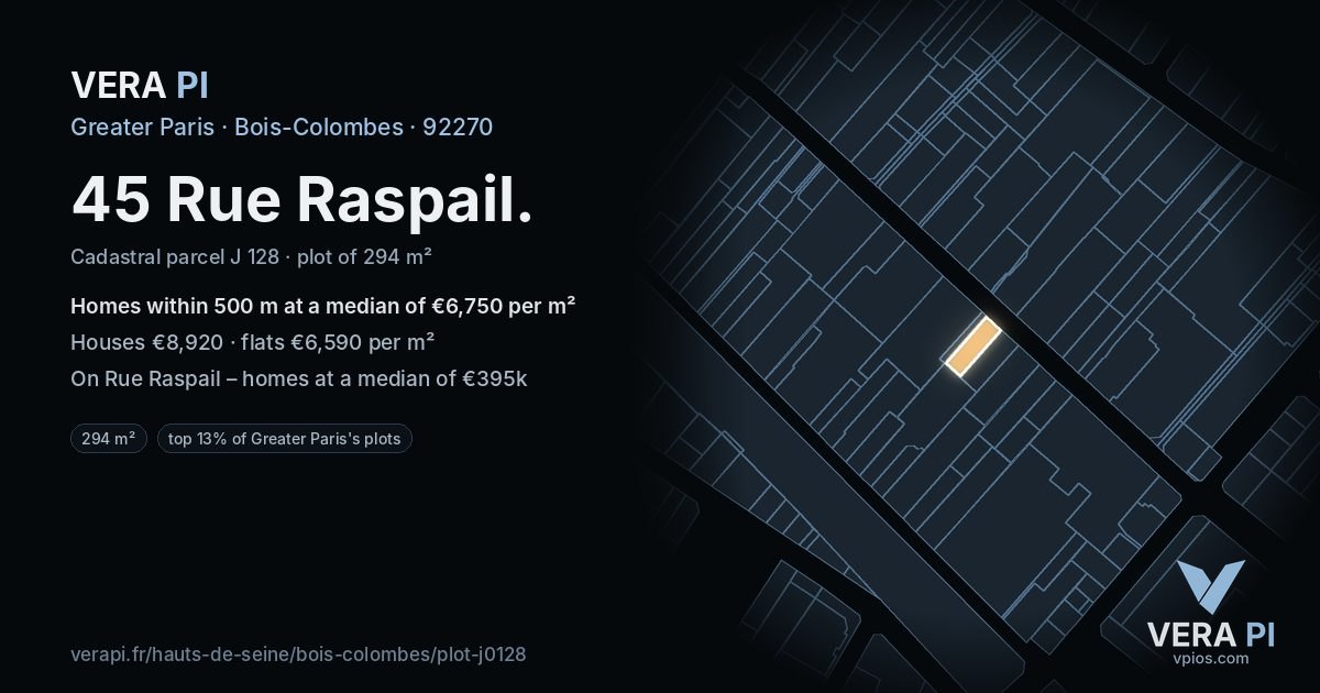 45 Rue Raspail, Bois-Colombes at night – the plot lit, the parcels around coloured by the prices near them