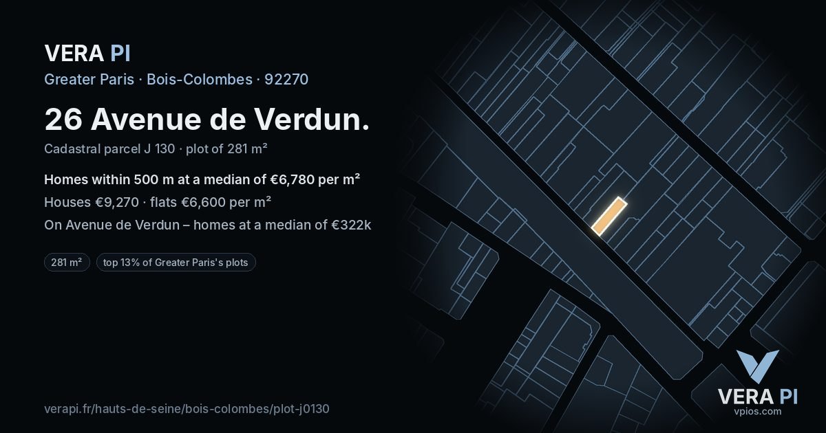 26 Avenue de Verdun, Bois-Colombes at night – the plot lit, the parcels around coloured by the prices near them