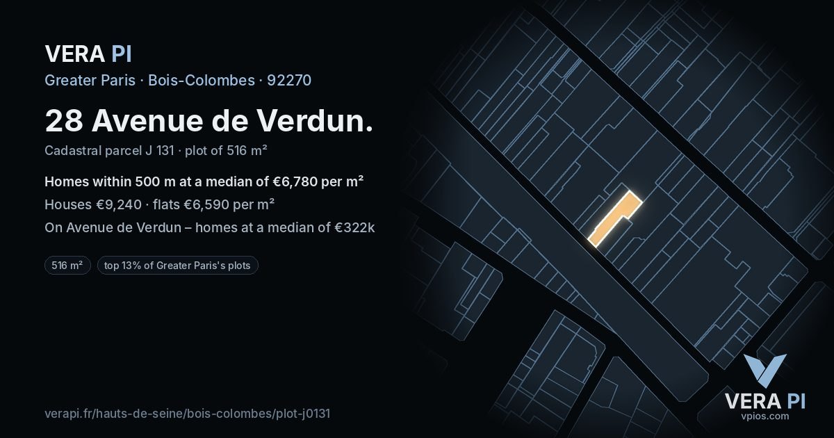 28 Avenue de Verdun, Bois-Colombes at night – the plot lit, the parcels around coloured by the prices near them