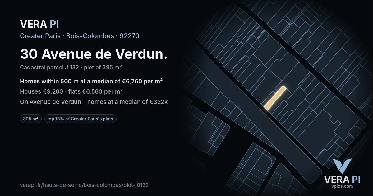 30 Avenue de Verdun, Bois-Colombes at night – the plot lit, the parcels around coloured by the prices near them