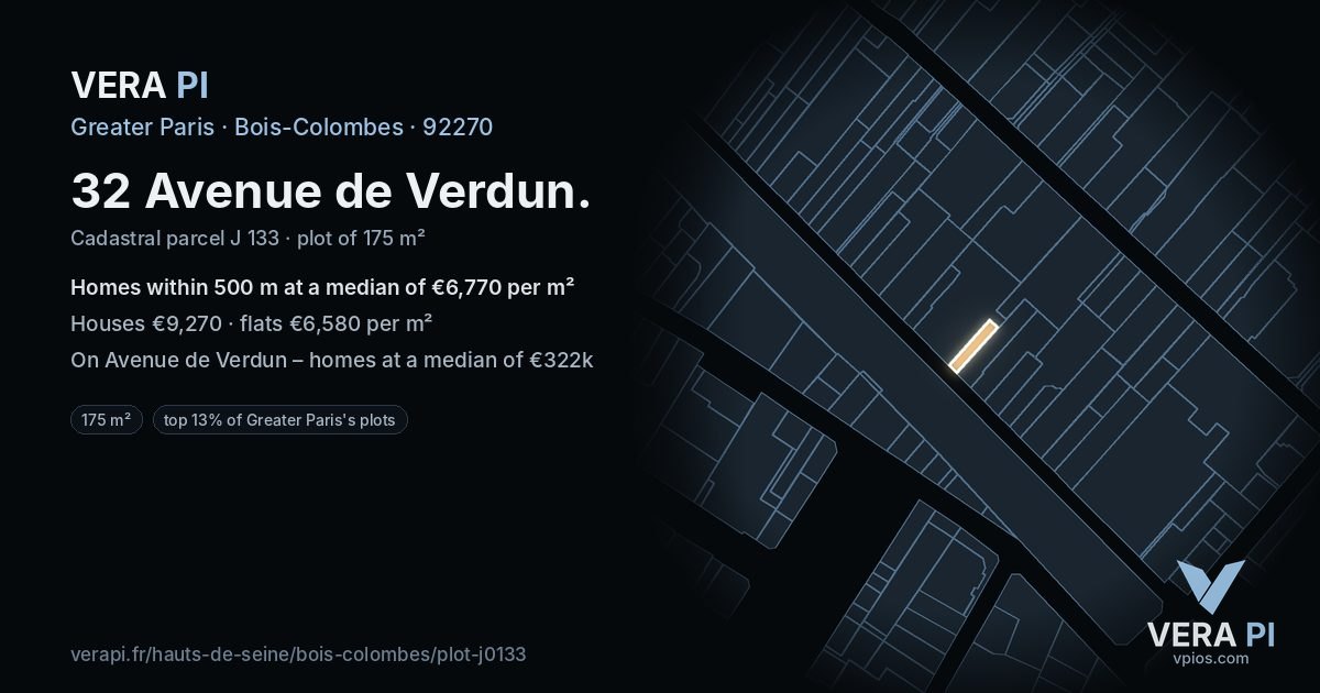 32 Avenue de Verdun, Bois-Colombes at night – the plot lit, the parcels around coloured by the prices near them