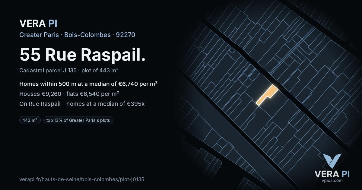 55 Rue Raspail, Bois-Colombes at night – the plot lit, the parcels around coloured by the prices near them
