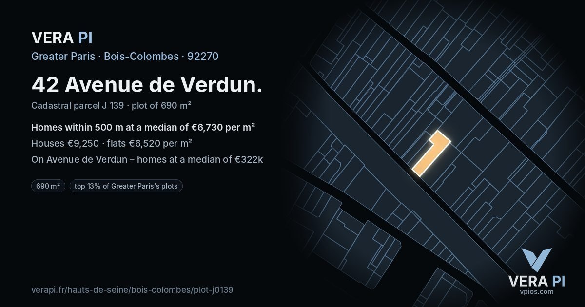 42 Avenue de Verdun, Bois-Colombes at night – the plot lit, the parcels around coloured by the prices near them