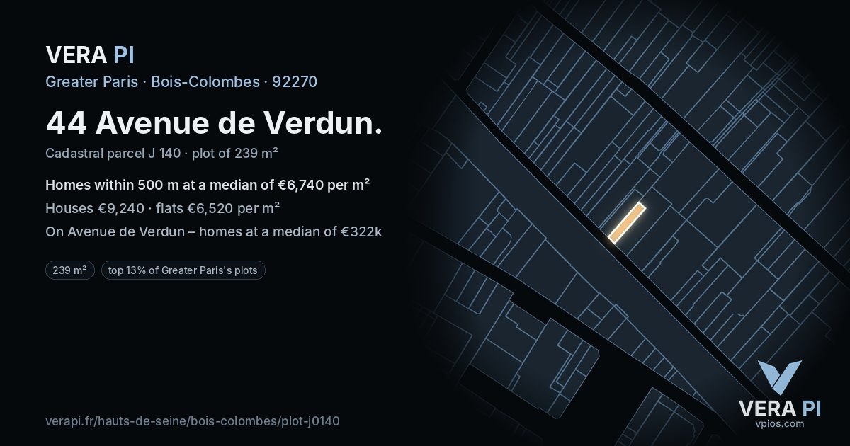 44 Avenue de Verdun, Bois-Colombes at night – the plot lit, the parcels around coloured by the prices near them