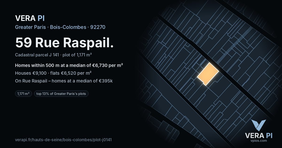 59 Rue Raspail, Bois-Colombes at night – the plot lit, the parcels around coloured by the prices near them
