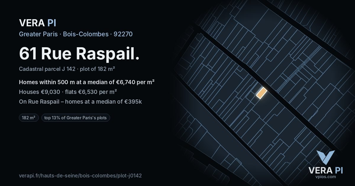 61 Rue Raspail, Bois-Colombes at night – the plot lit, the parcels around coloured by the prices near them