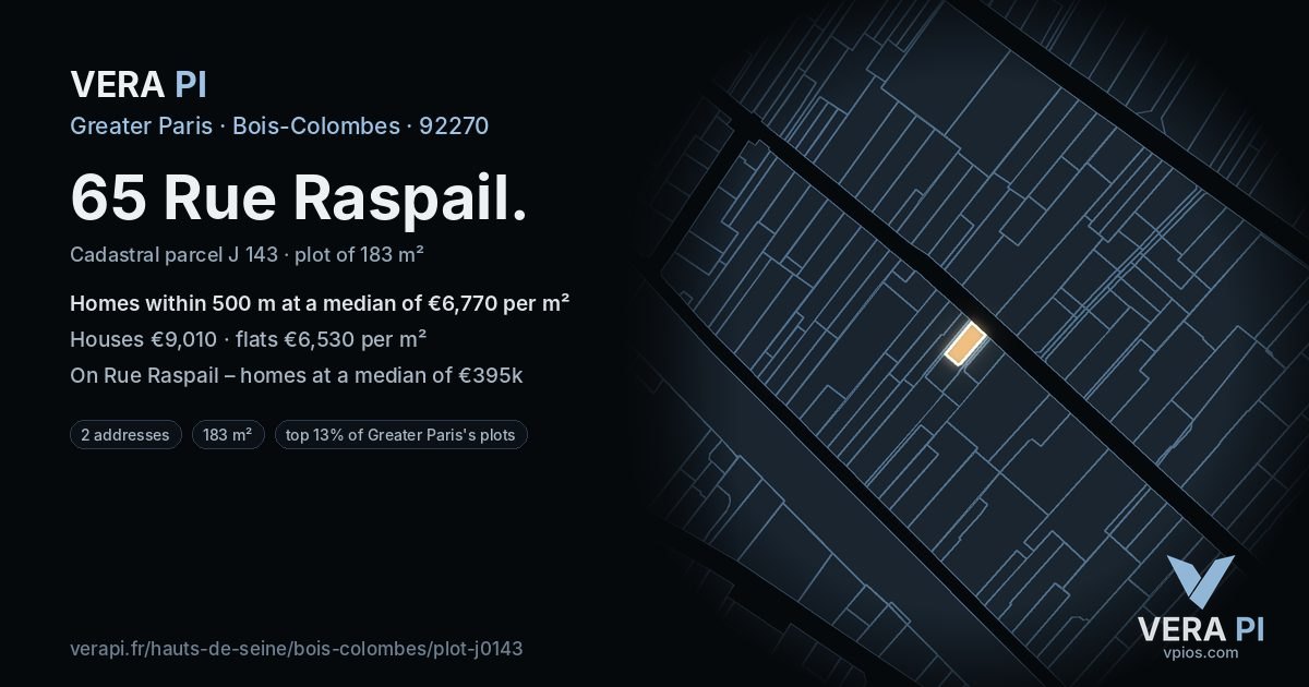 65 Rue Raspail, Bois-Colombes at night – the plot lit, the parcels around coloured by the prices near them