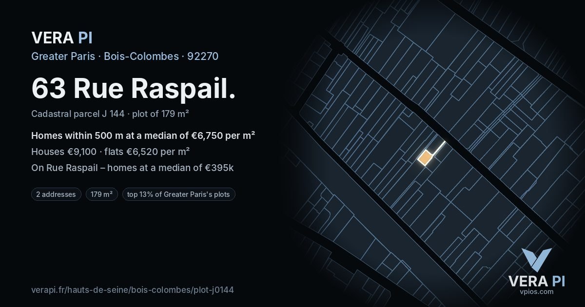 63 Rue Raspail, Bois-Colombes at night – the plot lit, the parcels around coloured by the prices near them