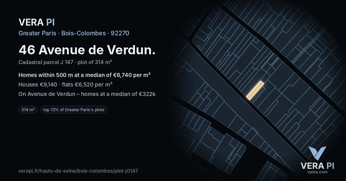 46 Avenue de Verdun, Bois-Colombes at night – the plot lit, the parcels around coloured by the prices near them