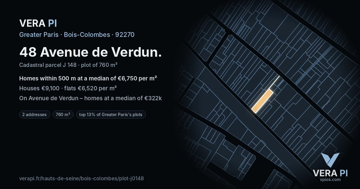 48 Avenue de Verdun, Bois-Colombes at night – the plot lit, the parcels around coloured by the prices near them