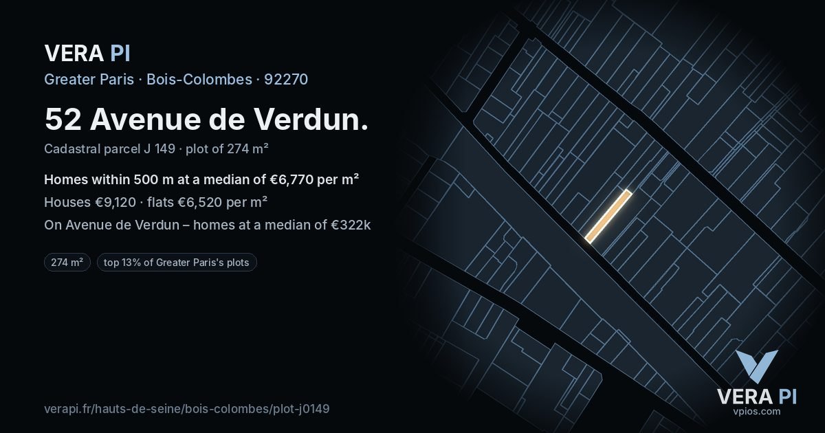 52 Avenue de Verdun, Bois-Colombes at night – the plot lit, the parcels around coloured by the prices near them