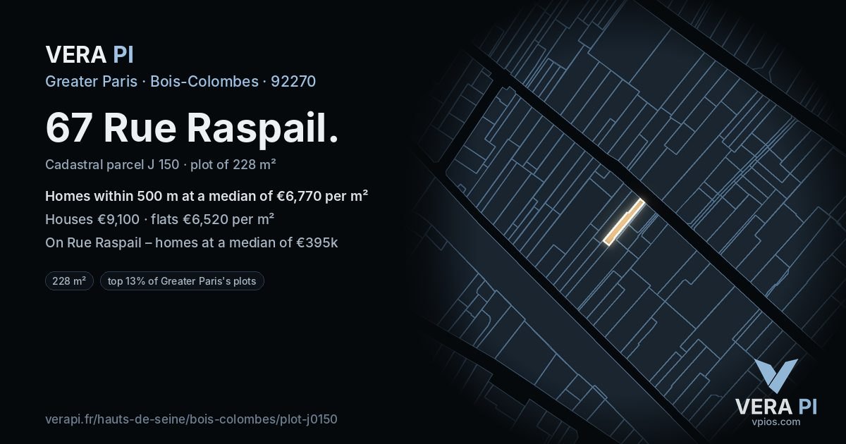 67 Rue Raspail, Bois-Colombes at night – the plot lit, the parcels around coloured by the prices near them