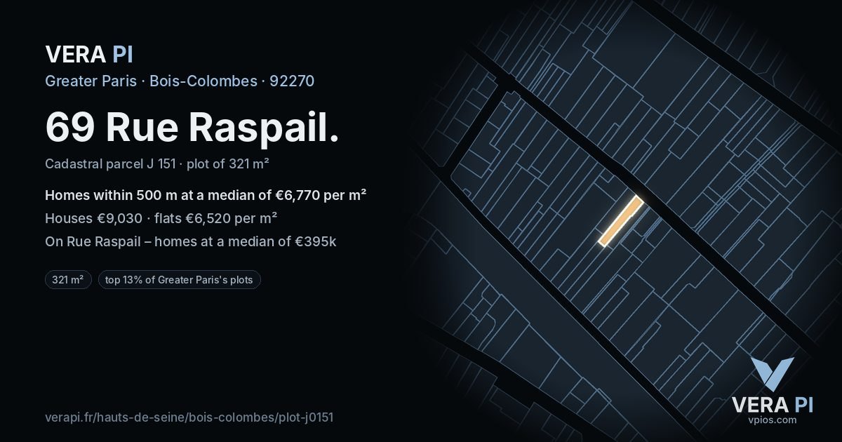 69 Rue Raspail, Bois-Colombes at night – the plot lit, the parcels around coloured by the prices near them