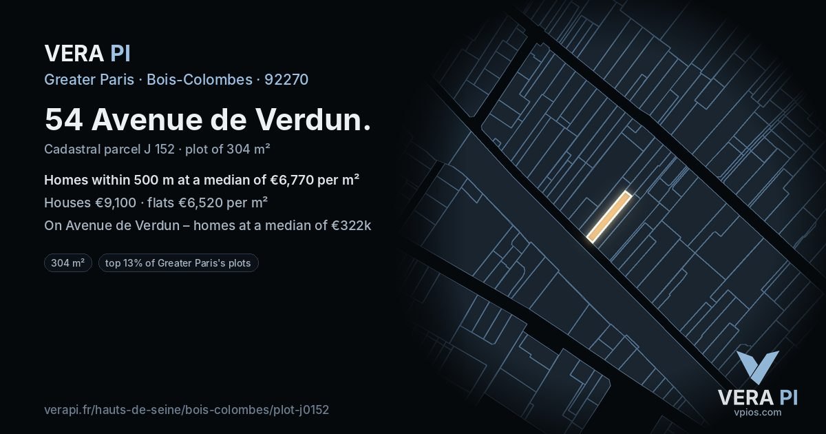 54 Avenue de Verdun, Bois-Colombes at night – the plot lit, the parcels around coloured by the prices near them