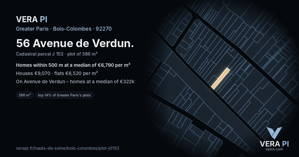 56 Avenue de Verdun, Bois-Colombes at night – the plot lit, the parcels around coloured by the prices near them