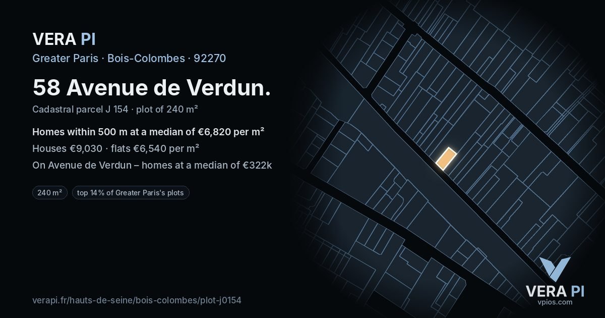 58 Avenue de Verdun, Bois-Colombes at night – the plot lit, the parcels around coloured by the prices near them