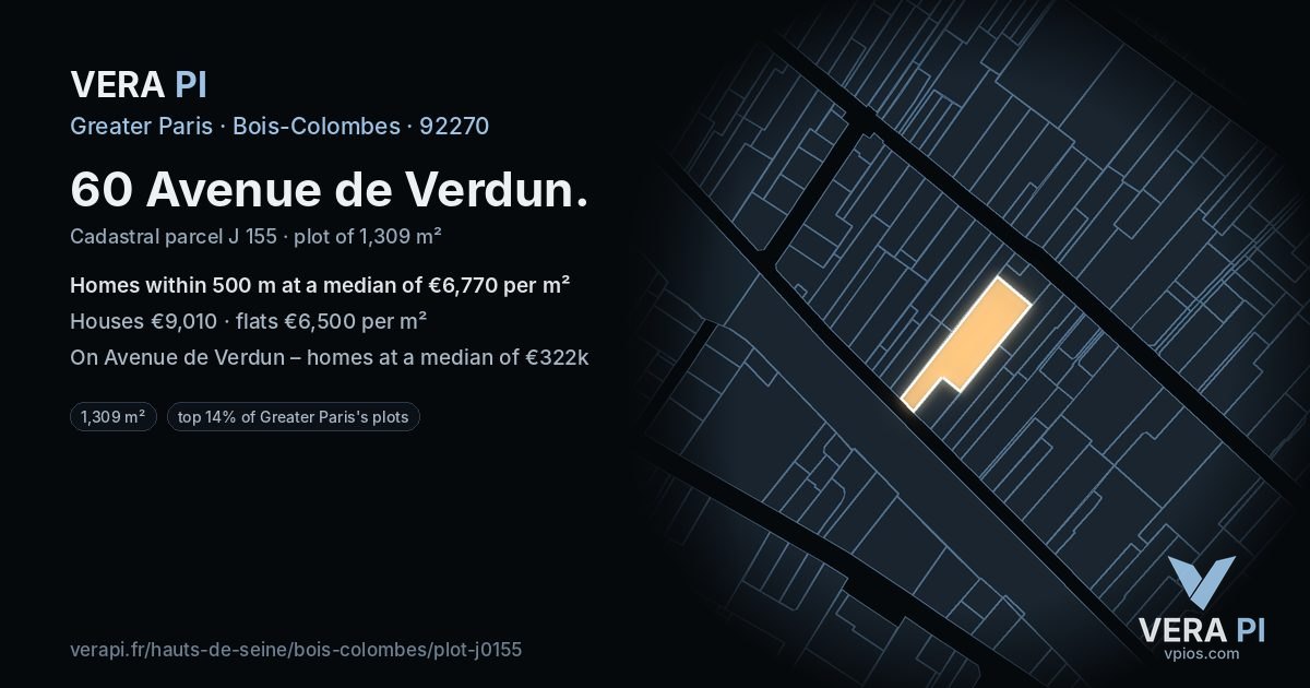 60 Avenue de Verdun, Bois-Colombes at night – the plot lit, the parcels around coloured by the prices near them