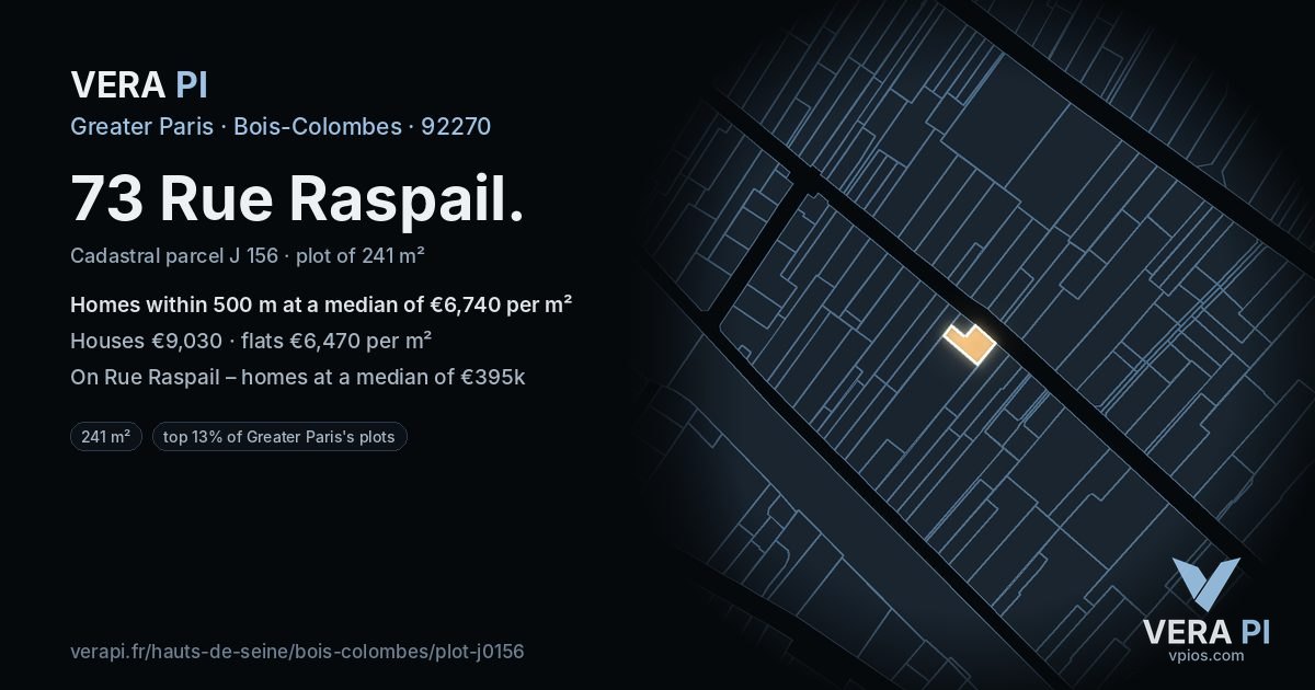 73 Rue Raspail, Bois-Colombes at night – the plot lit, the parcels around coloured by the prices near them