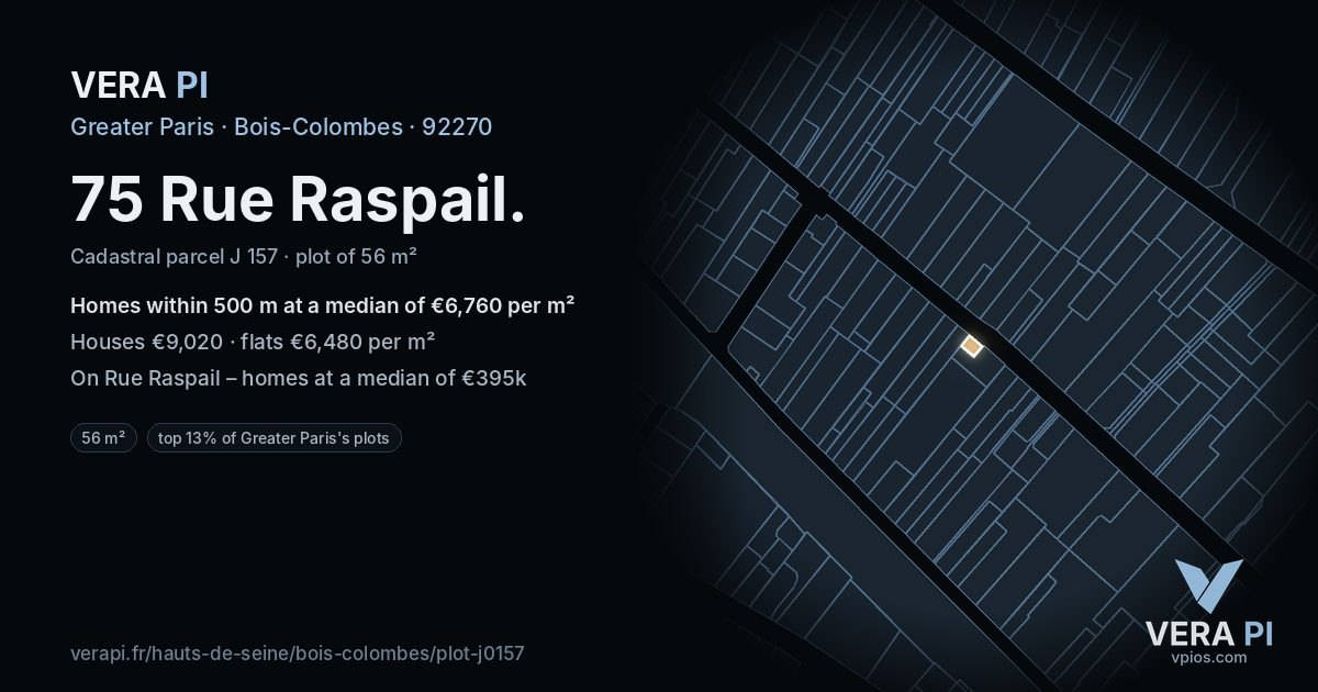 75 Rue Raspail, Bois-Colombes at night – the plot lit, the parcels around coloured by the prices near them