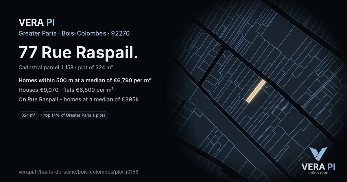 77 Rue Raspail, Bois-Colombes at night – the plot lit, the parcels around coloured by the prices near them