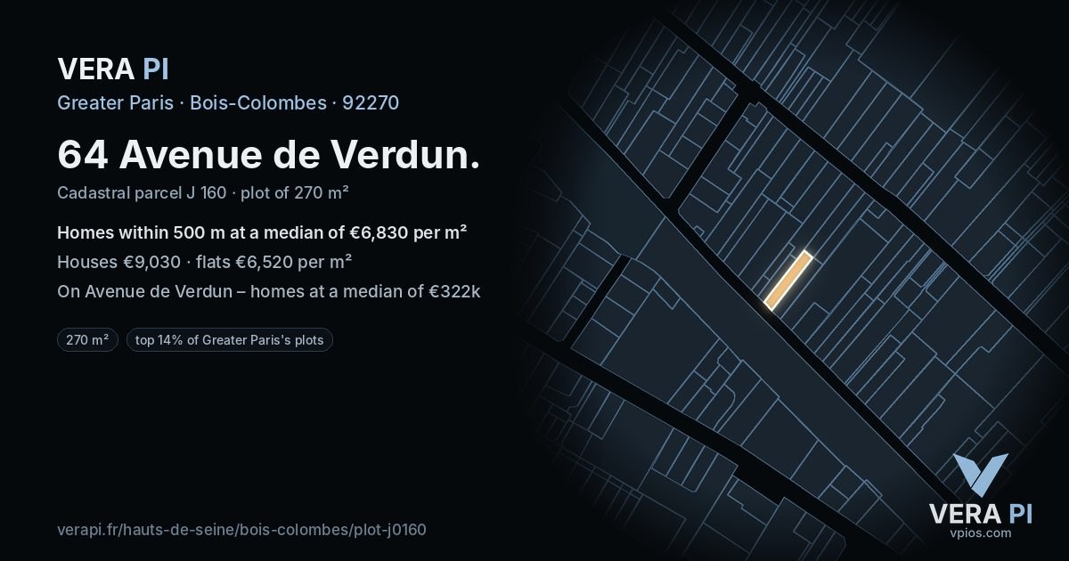 64 Avenue de Verdun, Bois-Colombes at night – the plot lit, the parcels around coloured by the prices near them
