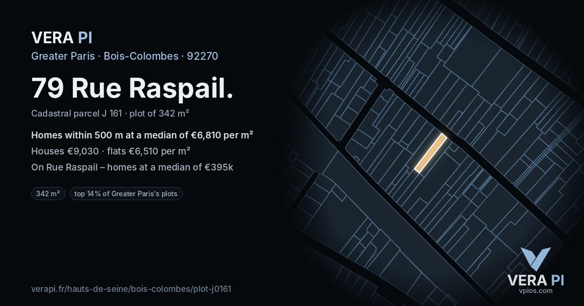 79 Rue Raspail, Bois-Colombes at night – the plot lit, the parcels around coloured by the prices near them