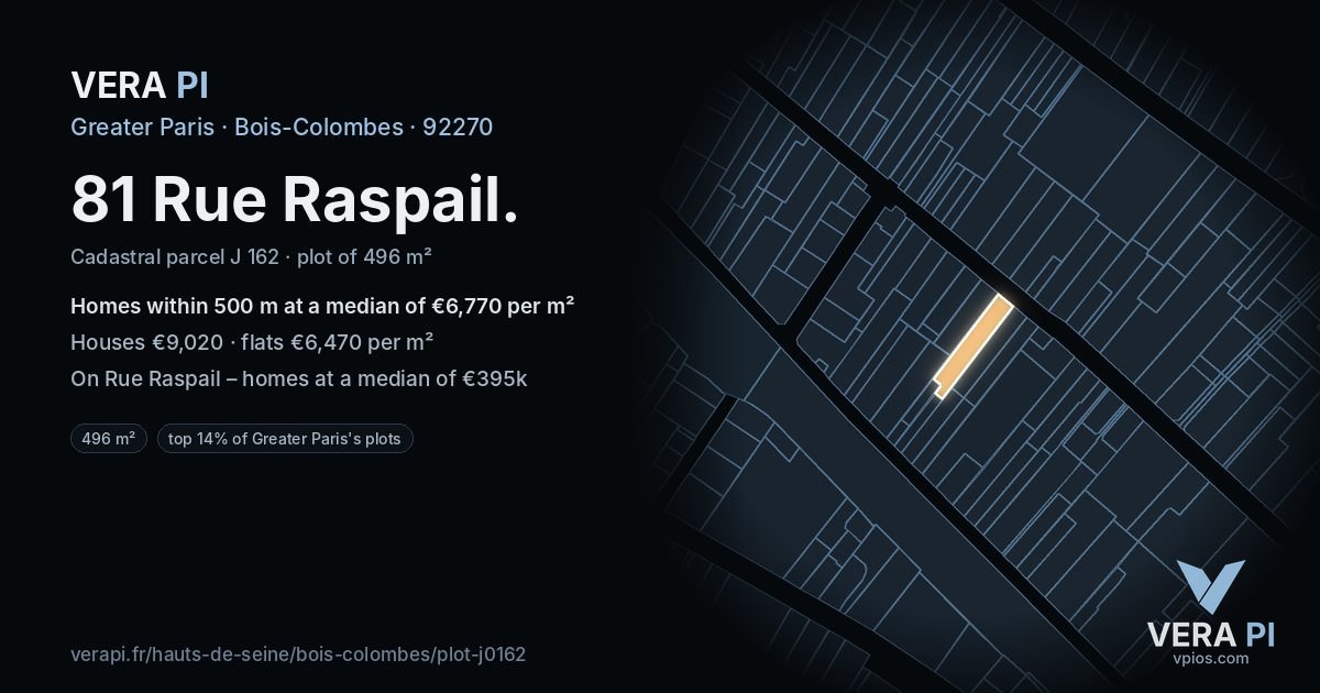 81 Rue Raspail, Bois-Colombes at night – the plot lit, the parcels around coloured by the prices near them