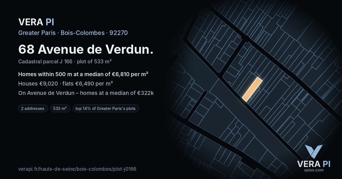 68 Avenue de Verdun, Bois-Colombes at night – the plot lit, the parcels around coloured by the prices near them